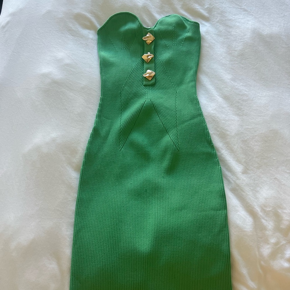 Self Portrait Strapless Ribbed Knit Midi Dress